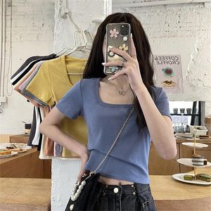 Women's T Shirts Woman's Tshirts Spring/summer Short Sleeve Solid Color Tall Waist Square Neck Sale Ladies Tops T-shirt Drop HJT196