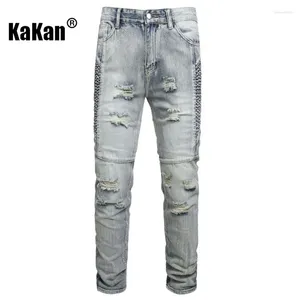 Jeans da uomo Kakan - Pantaloni da motociclista europei e americani con foro per il ginocchio ricamato K2-9961