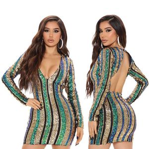 Basic Casual Dresses 2024 designer YY6583 New sexy backless long sleeved buttocks wrapped nightclub striped sequin dress