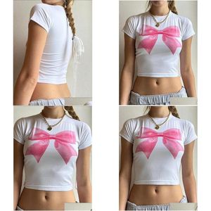 T-shirt da donna T-shirt da donna T-shirt da donna S Crop Top Carino aderente girocollo manica corta T-shirt con stampa fiocco per l'estate Drop Deliv Dh1Jz