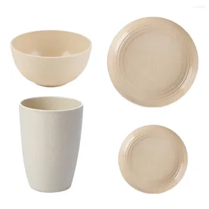 Conjuntos de louça de trigo palha talheres tigela copo placa conjunto apresenta bege jantar platos alimentação colher garfo