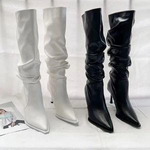 Пикантные зимние женские высокие сапоги, модные высокие сапоги на шпильке с острым носком, женские элегантные сапоги до колена, обувь Botas De Mujer 240129