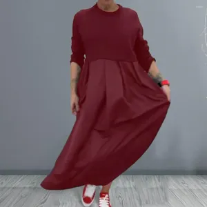 Casual Dresses Women Long Dress Round Neck Sleeve Pullover Shirt Autumn Winter Solid Color Elegant Ladies Loose Cotton Linen