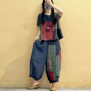 Cotton Linen Pants Set Patchwork Vintage Shirt och Casual Harem Pants Overized Korean Fashion Two Piece Set Women Outfits 240122