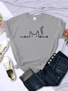 Women's T Shirts Cat Tail Electrocardiogram Peekaboo Print Women Cute Tee Clothing Breathable Funny Short Sleeve Casual Woman Clothes