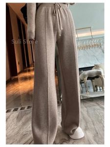 Womens Wool Wideleg Pants Fallwinter High midja Drooping Slimming Casual Loose Straight Knit Mop Trousers Ytter slitage 240202