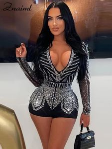 ZNAIML Lüks Sequin Rhinestone Rompers Kadınlar Uzun Kollu Siyah Kısa Tulum Tulum Gece Kulübü Doğum Güzergahı 240130