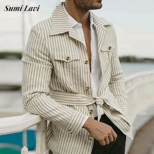 Jaquetas masculinas vintage cinto laço-up cintura algodão casacos homens moda remendo bolsos impressão listrada para homens streetwear outerwear