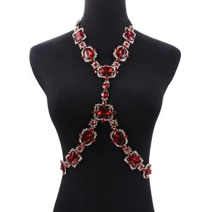 Luxus Sexy Bodychain Schmuck Zubehör Rubinrot Kristall Strass BH Harness Korsett Halskette Taille Körperkette für Frauen Männer 240127