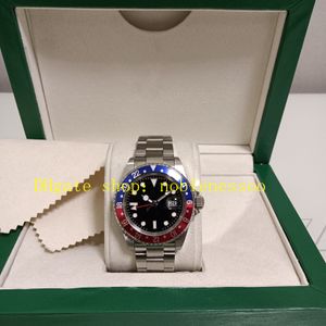 Relógio antigo automático masculino de 2 cores, foto real, com caixa, 40mm, 16710, mostrador preto, moldura azul vermelha, pulseira de aço inoxidável, relógios esportivos mecânicos antigos
