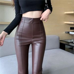 Women's Pants Wine Red Leather 2024 PU Slim Fit Bootcut Trousers Bell-Bottom Autumn