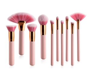 10pcsset Pink Wood Makeup Pędzle Zestaw pędzla wentylatora podkład do cienia do cienia do powiek w proszku kosmetyczne oko Make Up Beauty Tool