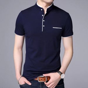 Modemärke polo skjorta mens sommar mandarin krage smal passform fast färg knapp andas polos casual män kläder 240202