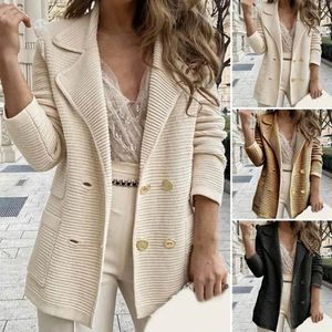 Damenanzüge Frauen Strickjacke Jacke solide doppelt gebastete Pendlerstil Slim Fit Turnedown Kragen Blazer Langarmknöpfe