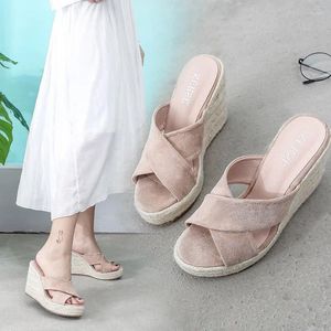 Slippers High-Heeled Shoes Lady House Platform Slipers Women On A Wedge Slides Big Size 2024 Flat Scandals Fabric Basic Rubber P