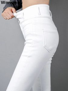 Przycisk wysokiej talii muchy białe ołówek dżinsy kobiety czarny duży rozmiar 5xl chude jeansowe legginsy spodnie Ankleledgth elaste Vaqueros 240118