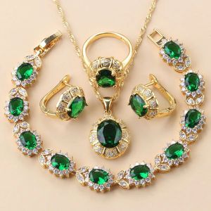 1111 Orecchini a clip e collana Set di gioielli CZ verde con accessori da sposa di lusso in colore oro 925 Mark per le donne 240202