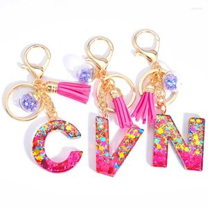 Keychains 1pc Letter Shaped Drip Glue Keychain Handbag Decoration Purple Star Sequins Ball And Tassel Decor Rose Red Gift Cute Key Rings