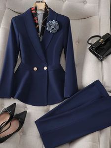 Elegant Pant Suits for Women Long Sleeve Korean Fashion Office Two Piece Solid Button Lapel Spring Summer 240127