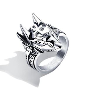 Solitaire Ring Stainless Steel Mens Retro Domineering Anubis Egyptian Cross Game Peripheral Jackal Head Rings Jewelry Drop Delivery Dh6Vl