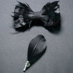 Luxury Wedding Bow Tie for Men Classic Black Pre-tied Bowtie brooch Set Party feather Butterfly Knot Gift Man Accessories 240202