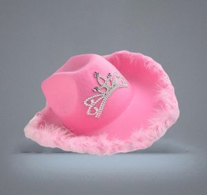 Western Style Tiara Cowgirl Hat Women Girl Pink Wide Brim Cowboy Cap paljetter Holiday Costume Feather Edge Hatts With Drawstri8825771
