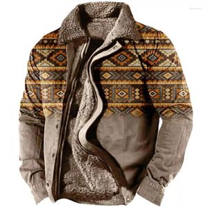 Men's Jackets 2024 Winter Mens Warm Thick Fleece Lining Vintage Pattern Print Patchwork Turn-down Collar Buttoned Coats Men Outerwear