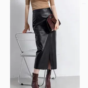 Röcke 2024 Frühling Echtes Leder Rock Für Frauen Stilvolle Streetwear Hohe Taille Schlitz 85 cm Lange Jupe Khaki/Schwarz Wrap Saia Longa