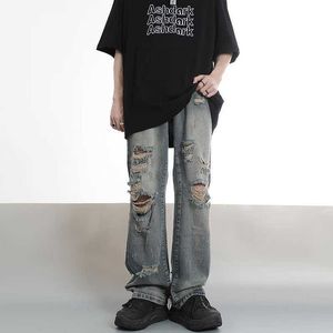 Мужские джинсы High Street с потертостями, рваные модные брендовые хиптопы, свободные прямые узкие брюки