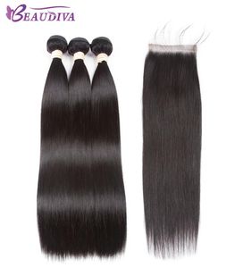 Beva Hair Pre-colored 100% Remy Human Hair Bundles With Closure Brazilian Straight 3 Bundles With Lace Closure1599114