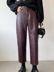 Qoerlin outono inverno calça de couro pu elegante bolsos de cintura alta falso harém feminino calças elásticas traseiras 240202