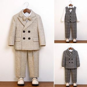 Crianças outono inverno terno fino conjunto crianças xadrez cáqui blazer colete calças menino aniversário anfitrião desempenho traje de casamento 240119