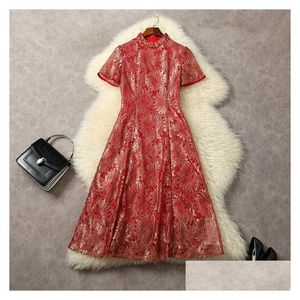 Basic Casual Dresses European And American Womens Clothes 2023 Summer Buckle The Collar Stand Up Short Sleeve Fashion Red Lace Ple Dhvqf