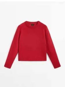 Kobiety swetry kobiety 2024 Moda przycięta czerwona solidna swobodna dzianina sweter vintage o szyję Długie rękawie żeńskie pullover eleganckie topy