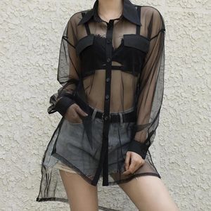 Damen T-Shirts Mode Mesh Sheer Black Top Button Solid Long Beach Cover Up Sexy Lose Basic 2024 Sommer Club Party Wear