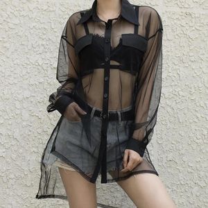 Mulheres Camisetas Moda Malha Sheer Preto Botão Top Sólido Long Beach Cover Up Sexy Solto Básico 2024 Verão Club Party Wear