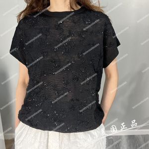 Designer Womens T Shirts Brunello Women Black Sequined Linen Round Neck Short Sleeve Shirt