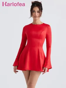 Casual Dresses Karlofea Vintage Runway Party Elegant Long Sleeve Fall Winter Basic Going Out Clothes For Women 2024 A Line Red Dress