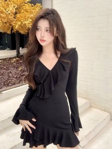 Casual Dresses Deeptown Koreanischer Stil Schwarz Minikleid Frauen Kokette Sexy Rüschen Langarm Tunika Mädchen Unregelmäßige Winter Vestidos