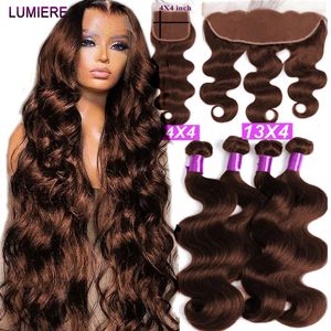 32 Chocolate Brown Body Wave Bundles With Closure Frontal #4 Ombre Colored Human Hair HD Transparent Lace 240130