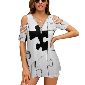 Kvinnors T-skjortor Jigsaw Puzzle Fashion Zip Off Shoulder Top Short-Sleeve Women Shirt Pieces Puzzles Popart