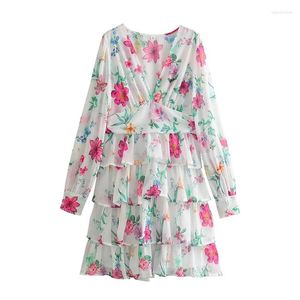 Casual Dresses YENKYE Spring 2024 Women Floral Print Layered Sweet Dress Long Sleeve V Neck Ladies A-line Mini Party Beautiful Robe