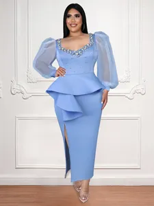 Abiti taglie forti Abito da festa Curvy Donna Manica lunga in tulle con sbuffo Perline Peplo Sera Compleanno 4XL Abiti per occasioni di eventi da donna