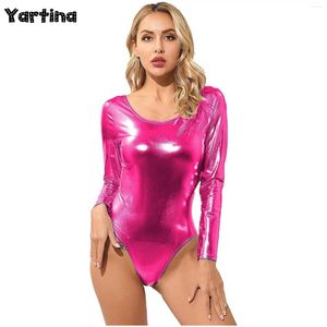 Stage Wear Women's Shiny Metal Long Sleeved Ballet Dancewear Gymnastics Dance Tight Fitting Jumpsuit Body Top Jersey