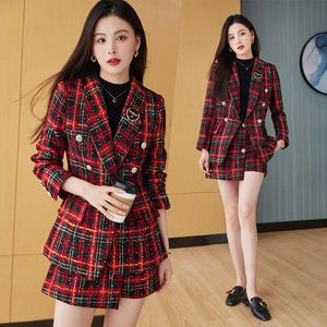 Womens Autumn Blazer och kjol Chic Plaid Kort set Sweet Style Suft Jacket för dejting Party Wear Korean Outfits 240202