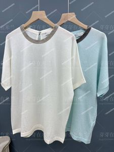 Designer Women T Shirts krótkie rękawy Brunello Kobiet Summer Bead Sain Pullover Niebieska biała koszula