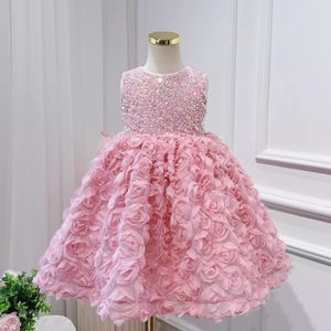 2024 new pink rose flowers Flower Girl Dresses Jewel Neck Ball Gown sequined Beads princess Kids Girls Pageant Dress baby kids Birthday Gowns First Communion Gowns