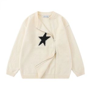 Vintage starprint sweaters lrregular zip cardigan niche loose knit tops casual oversized long sleeves autumn outfit 240130