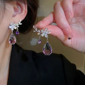 Dangle Earrings Exquisite Purple Zircon Rhinestone Women's Water Drop Flower Earring Anti-allergy Ear Jewelry Brincos