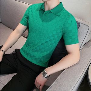 Polos masculinos de alta qualidade tricô polo camisas/masculino fino ajuste lazer com decote em v mangas curtas camisas elásticas 4xl